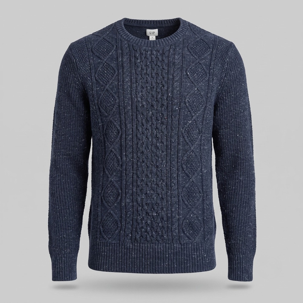 Gap Mens Medium Blue‎ Sweater Crewneck Cable Knit Marled Cotton Blend